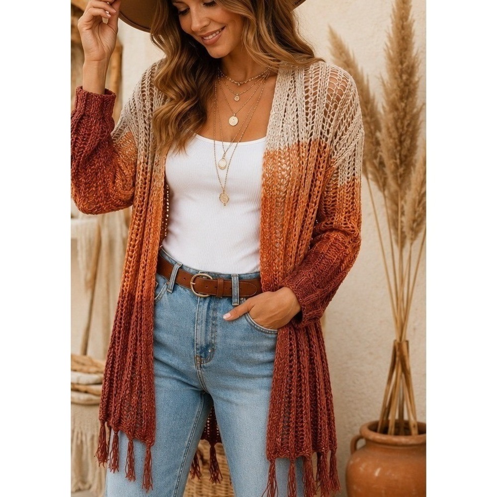 Maurices Ombre Open Knit Fringe Cardigan Beach Coverup Sunset Sweater Size M